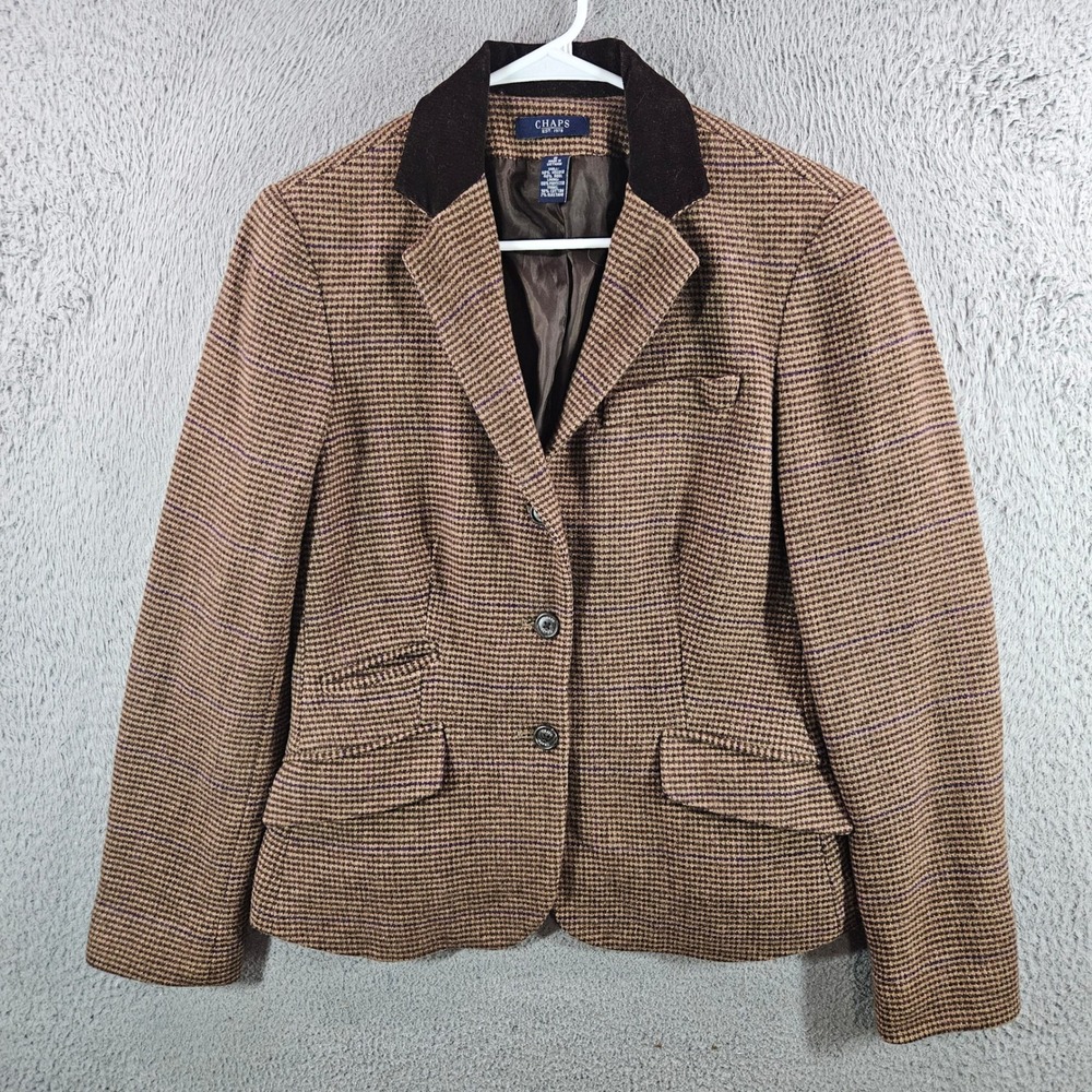 Chaps Womens Brown Wool Blend Tweed Blazer Velvet Collar Houndstooth Jacket 8